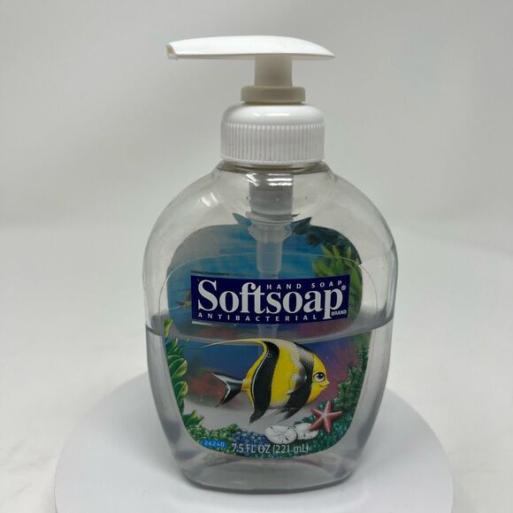 Vtg SOFTSOAP Hand Soap Plastic 7.5 Fl Oz Aquarium Panel Inside Yellow Black Fish - Picture 1 of 10